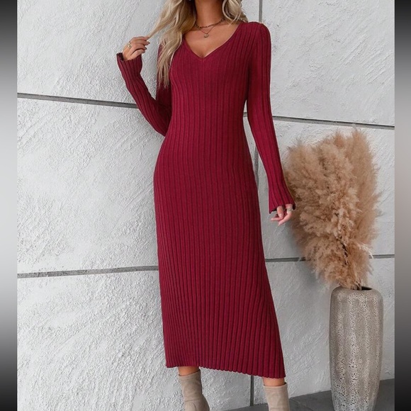 Classic Ribbed Knit Fitted V Neck Long Sleeve Dress Burgundy - Picture 6 of 16